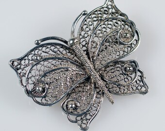 Vintage Silver Tone Filigree Butterfly Lapel Pin Brooch, Figural Unisex Jewelry