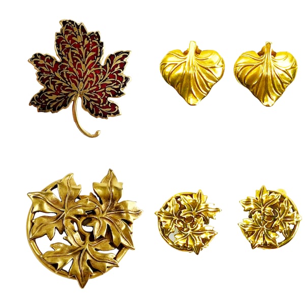 Vintage Metropolitan Museum of Art MMA Leaf Jewelry, Leaf Brooch Lapel Pin, Red Maple Leaf, Gold Leaf Wreath, Leaf Earrings, Water Lily