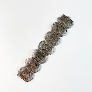 Vintage Art Deco Egyptian Panel Link 800 Silver Filigree Bracelet 6.5", Ethnic Jewelry, Travel Memento