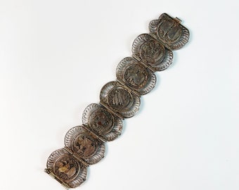 Vintage Art Deco Egyptian Panel Link 800 Silver Filigree Bracelet 6.5", Ethnic Jewelry, Travel Memento