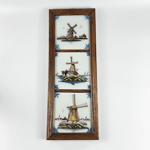 Vintage Royal Makkum Tichelaar Framed Multi Color Windmill Dutch Tile Wall Art Triptych, Framed Kitchen Decor, Tile Trivets