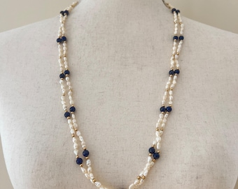 Vintage White Rice Pearls Blue Lapis Lazuli 14K Double Strand Necklace 28"