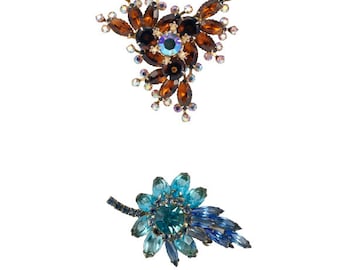 Vintage Rhinestone Jewelry, Judy Lee / Beau Jewels Brooch Pin, Brown Root Beer Amber Topaz Aurora Borealis Rhinestone, Blue Spray Brooch