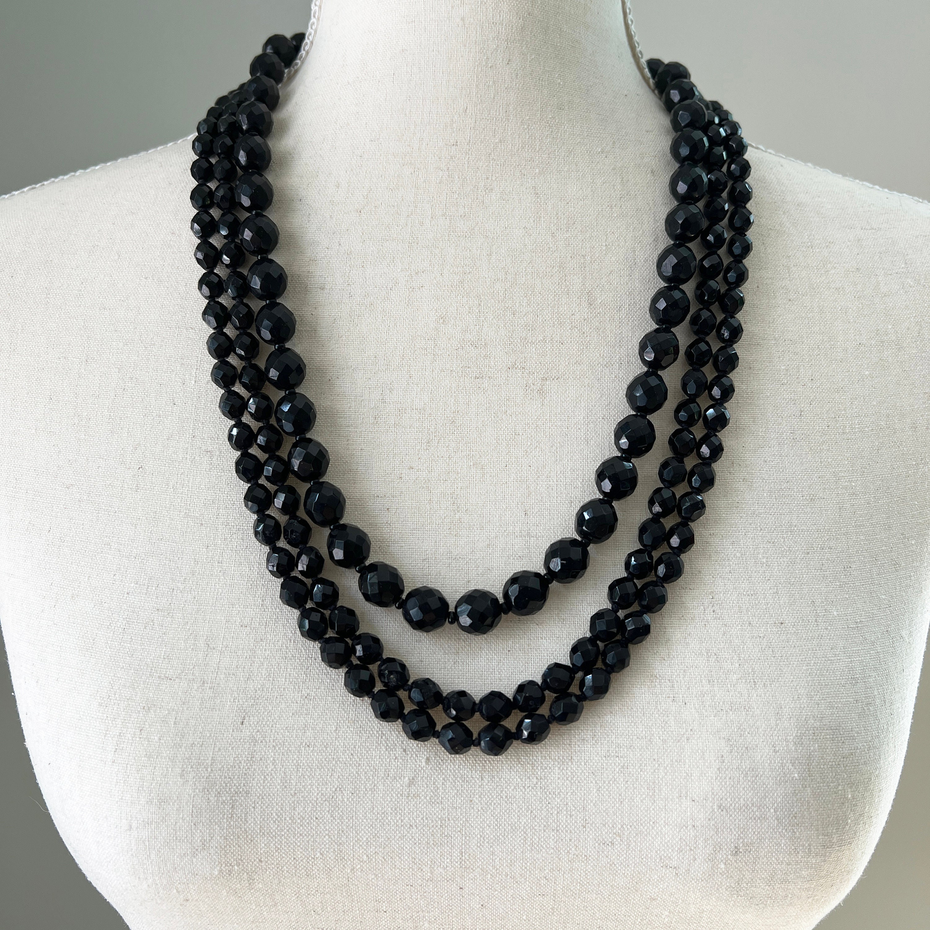 Vintage Jet Black Glass Tube Bugle Bead Graduated Necklace – 20 Inches, Japan NOS, Fashion Jewelry