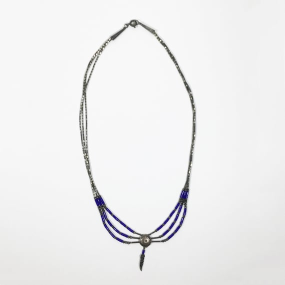 Vintage Southwestern Sterling Silver Cobalt Blue Sun Necklace, Liquid Silver Necklace, Feather Necklace, Multi Strand Beaded Necklace