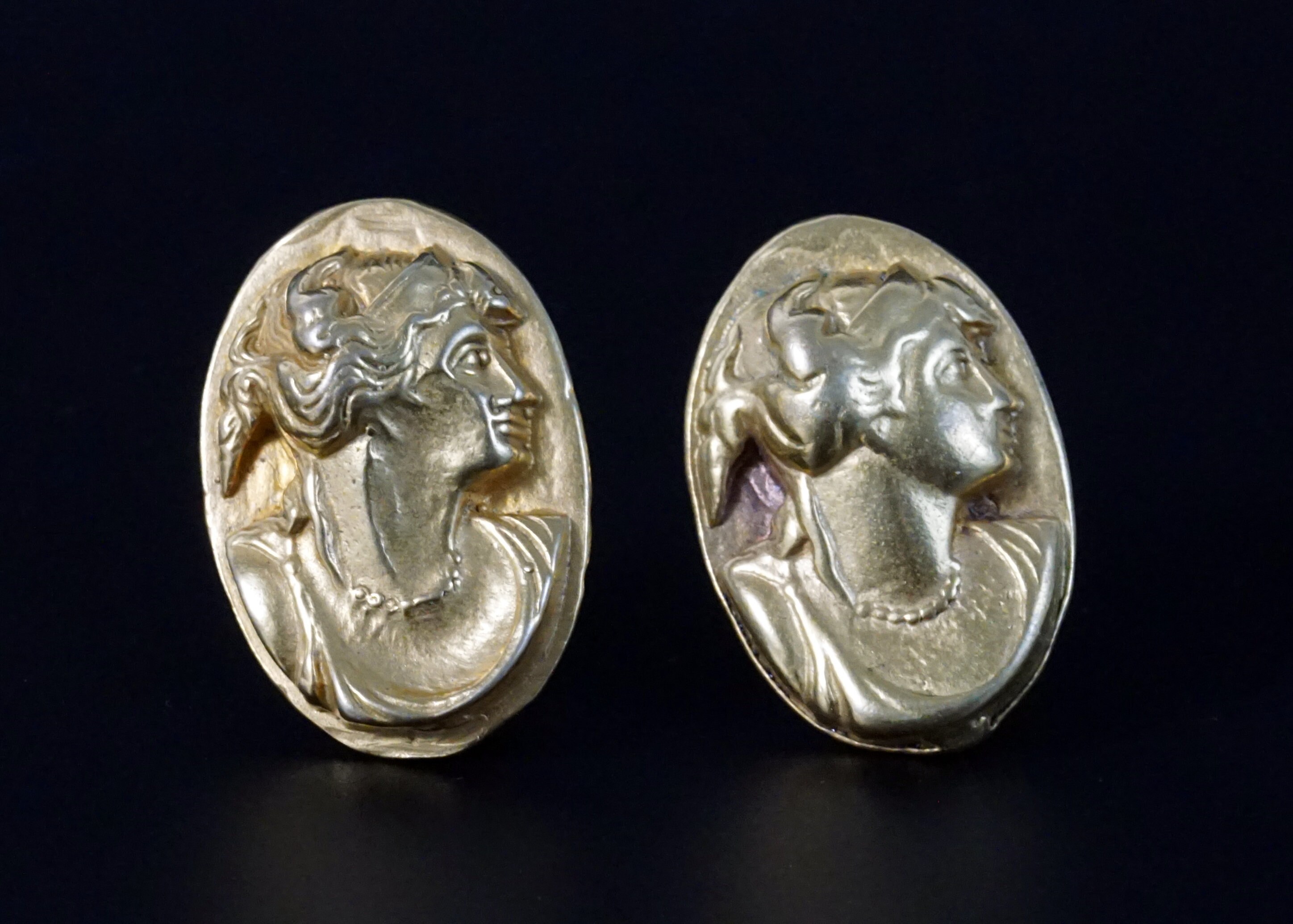 Vintage Victorian Revival Cameo Oval Gold Clip on Earrings, Antique Jewelry, Aphrodite Greek Goddess of Love, Classic Mythology, Roman Venus