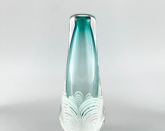 Vintage 1985 Jackie Ballard Handblown Glass Pulled Feather Cased Green Bud Vase, Handmade Home Decor, Shelf Decor, Studio Glass