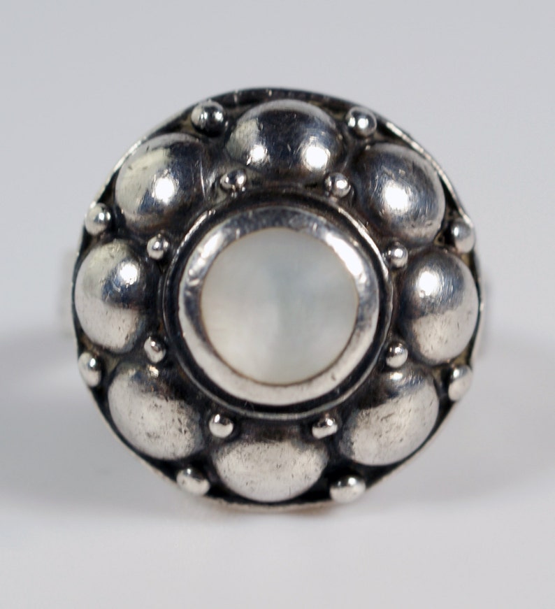 Silver Mother of Pearl Ring Vintage Victorian Revival Sterling Silver Mother of Pearl Round Cocktail Ring
