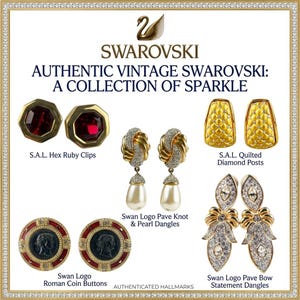 May include: A collection of vintage Swarovski jewelry, including ruby clips, pearl dangles, quilted diamond posts, Roman coin buttons, and bow statement dangles. The image features the Swarovski logo and text: "AUTHENTIC VINTAGE SWAROVSKI: A COLLECTION OF SPARKLE."
