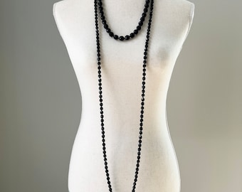 Flapper Necklace, Jet Black Faceted Glass Beads Necklace, Long Strand Beaded Necklace, Victorian Revival Mourning Jewelry, Gothic Deco Look