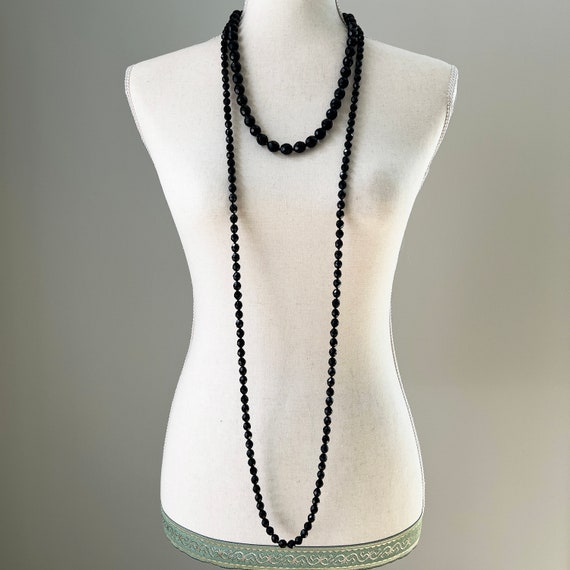 Flapper Necklace, Jet Black Faceted Glass Beads Necklace