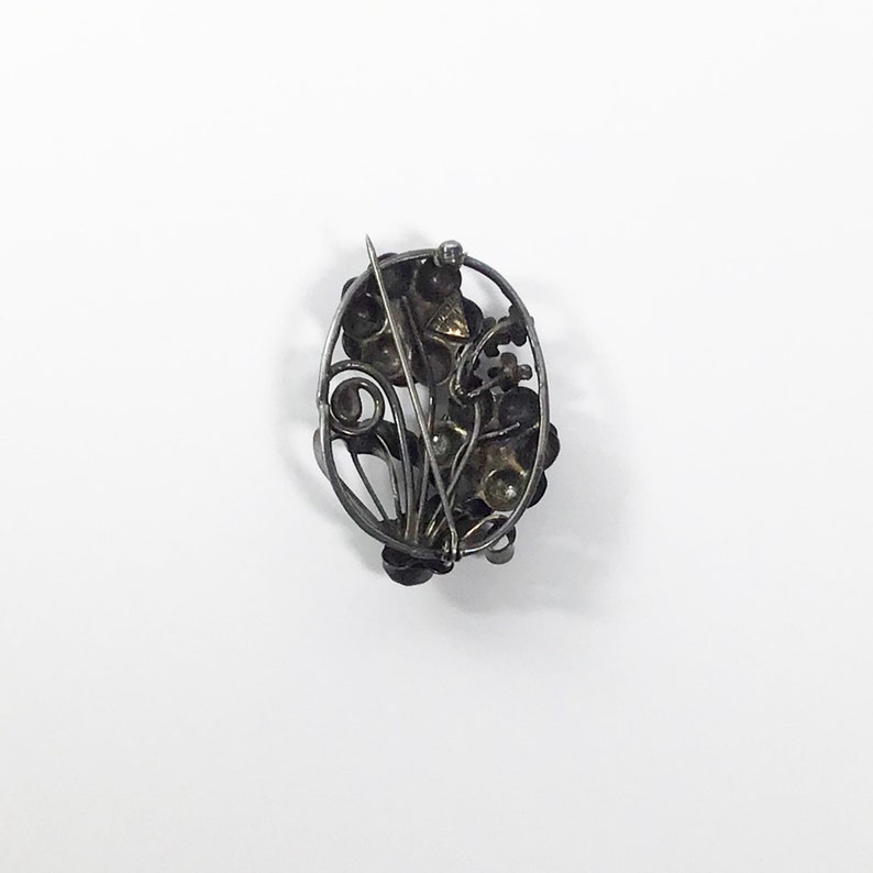 Hobe Jewelry Vintage HOBE Sterling Silver Floral Oval Pin Brooch with Ruby Red Rhinestones 1940s Fashion