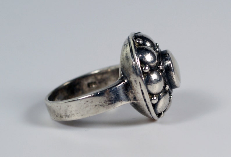 Silver Mother of Pearl Ring Vintage Victorian Revival Sterling Silver Mother of Pearl Round Cocktail Ring