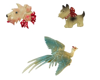 Celluloid Jewelry, Celluloid Brooch, Scottie Dog Jewelry, Vintage Occupied Japan Celluloid Scottie Dog Brooch Pins Book Piece, Pheasant Bird