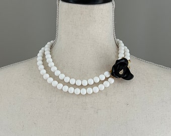 Vintage Kenneth Jay Lane KJL for Avon Midnight Rose Lucite Bead Necklace, Black Rose,  White Double Strand Necklace, 1980s Costume Jewelry