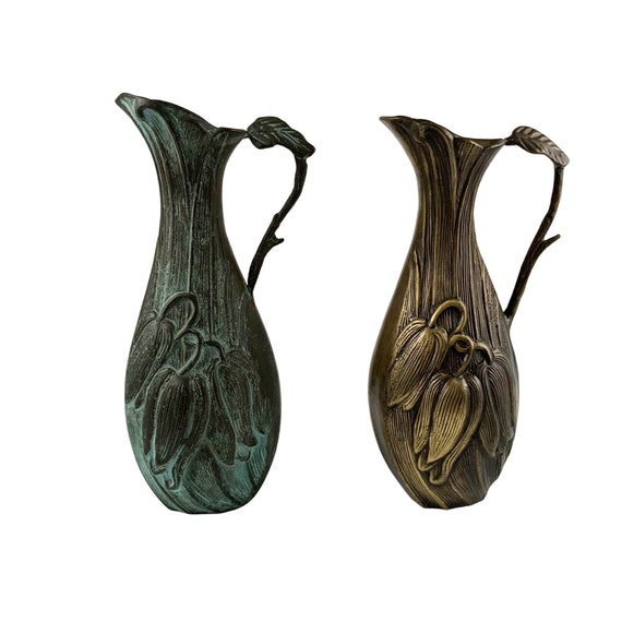 Vintage Art Nouveau Revival Bronze Floral Ewer Pitcher Jug, Decorative Object, Tabletop Vase, Art Nouveau Decor, Metal Art, Watering Can