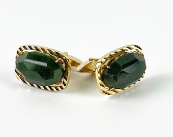 Vintage Swank Retro 1960s Gold Tone Green Jade Cufflinks Cuff Links