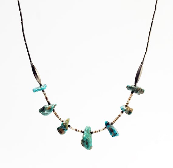Liquid Silver Necklace, Turquoise Necklace, Vintage Southwestern Liquid Silver Tone Beads Turquoise Nugget Heishi Beads Necklace