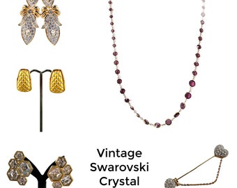 Authentic &#39;90s Swarovski Signed Crystal Jewelry: Clip On Earrings, Pin & Station Necklace / Basket Weave / Pave Earrings / Double Heart Pin