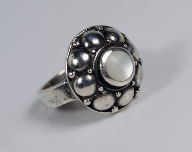 Silver Mother of Pearl Ring Vintage Victorian Revival Sterling Silver Mother of Pearl Round Cocktail Ring