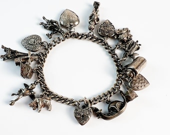 Vintage Loaded Sterling Silver Travel Charm Bracelet Hearts in Walter Lampl Style