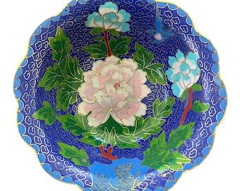 Vintage Chinese Cloisonné Floral Blue Pink Green Bowl