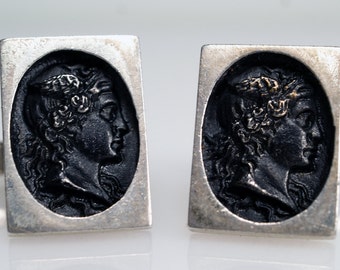 Vintage Victorian Revival Fenwick & Sailors Sterling Silver Mercury Cameo Cufflinks, Solid Sterling Silver, Silver Black Cufflinks