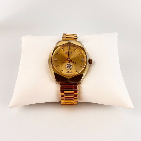 Vintage Exacta Mechanical Watch Men's Gold Tone Kaleidoscope