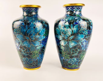 Vintage Chinese Cloisonne Pair of Blue Green Peony Chrysanthemum Flowers Vases
