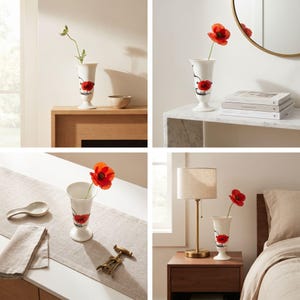 May include: A white pedestal vase featuring a painted red poppy flower design with black stems and leaves. The vase has a flared rim and a tapered body, standing on a circular base. A single red poppy flower is placed inside the vase.