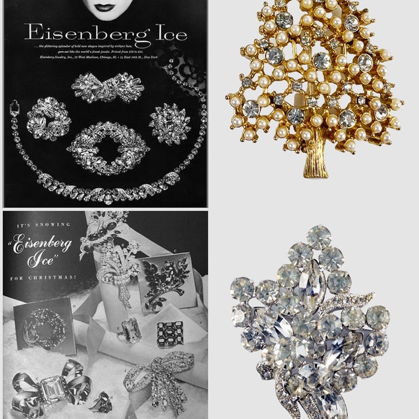 Vintage Eisenberg Jewelry Brooch Pin, Faux Pearl Christmas Tree, Rhinestone Floral Spray Bouquet Silver Tone Brooch Lapel Pin
