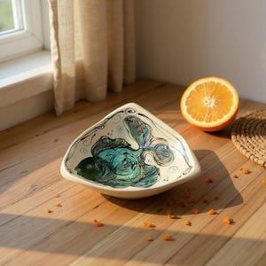 Pode incluir: Uma tigela de cerâmica triangular com um desenho pintado à mão com uma criatura semelhante a um peixe verde e turquesa. A tigela é esbranquiçada com linhas pretas e está sobre uma superfície de madeira. Uma metade de laranja está ao lado da tigela.