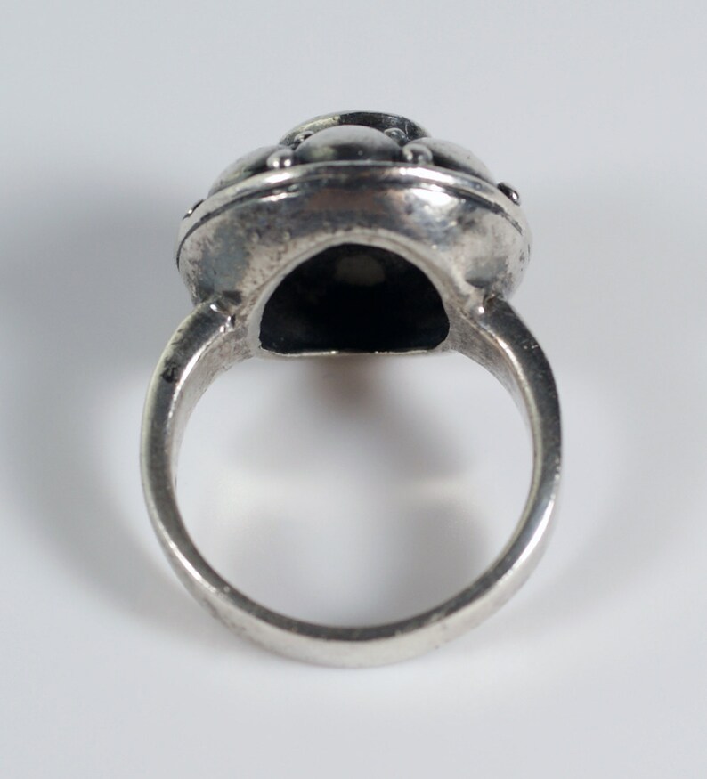 Silver Mother of Pearl Ring Vintage Victorian Revival Sterling Silver Mother of Pearl Round Cocktail Ring