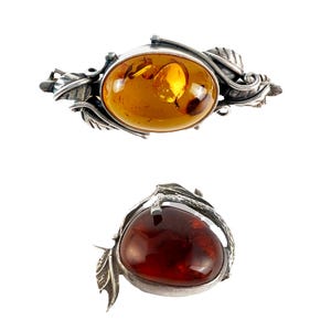Handwrought Silver Amber Leaf Lapel Pins, Antique European 800 Silver Cognac Baltic Amber, Vintage Honey Amber, Small Unisex Fall Jewelry