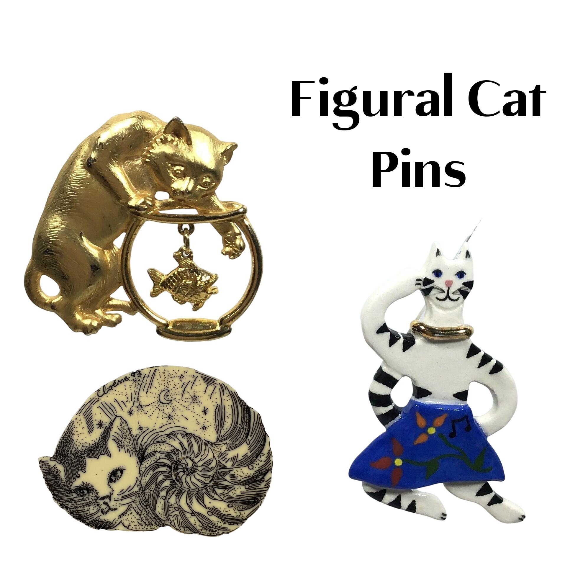 Vintage Cat Brooches, Figural Pins Lot, Jonette Jewelry JJ Cat Fishbowl, Ceramic Dancing Cat, Gold White Cat, Celestial Nautilus Cat