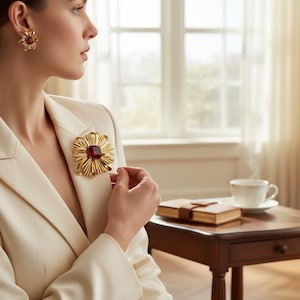 Op de afbeelding: Goudkleurige bloemenbroche en bijpassende oorbellen met een centrale rode edelsteen. De sieraden worden gedragen op een crèmekleurige blazer. Een kopje koffie en een boek staan op een houten tafel op de achtergrond.