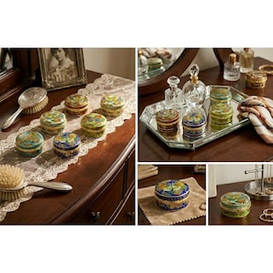 May include: A collection of small, round decorative boxes with lids. The boxes feature colorful floral designs and are displayed on a wooden surface with a vintage aesthetic. Some boxes are on a mirrored tray.