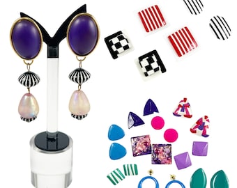 Vintage 1980s Retro Earrings, Mod Pop Art Geometric Earrings, Plastic Lucite Red Black White Green Blue Purple