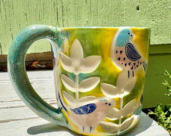 The Folk Flock V / handmade folk art bird carved mod leaf stoneware mug