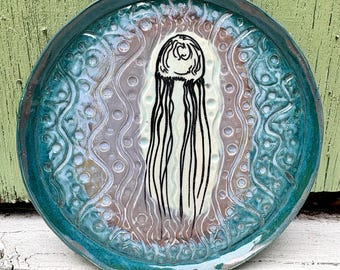 The Jellyfriend Plate / stoneware jellyfish ocean beach decor dinner plate or serving dish