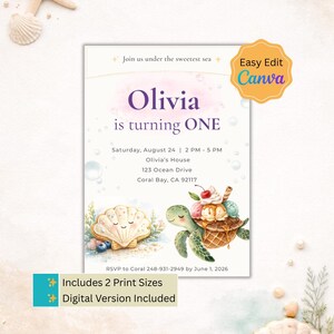 Puede incluir: Una invitación de cumpleaños con el texto "Olivia cumple UN año". La invitación presenta ilustraciones de acuarela de una galleta de concha, una tortuga con helado y burbujas. Incluye 2 tamaños de impresión y una versión digital.
