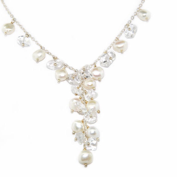 White Baroque Freshwater Pearl And Crystal Chips "Y" Necklace In Sterling Silver, 16"