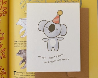 Happy Birthday Party Animal - Koala - Illustrated Blank Greeting Card