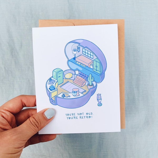 Polly Pocket Bear - Retro Happy Birthday - Illustrated Blank Greeting Card