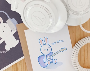 You Rock Bunny - Just Because, Love & Friendship, Birthday - Illustrated Blank Greeting Card