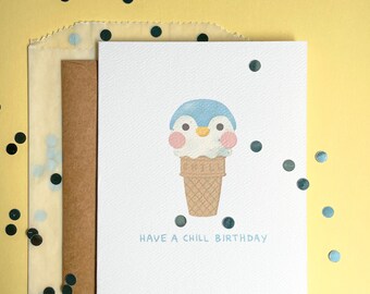 Birthday Cake Ice Cream - Happy Chill Birthday Penguin - Illustrated Blank Greeting Card