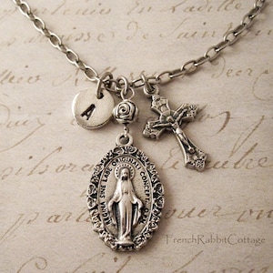 Personalized Miraculous Medal Necklace. Blessed Mother Pendant. Mother Mary Initial Jewelry. Catholic Religious Gift for Women. Virgin Mary