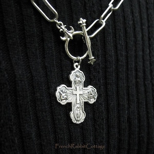 Four Way Cross Necklace. Five Way Medal. I Am A Catholic Pendant Religious Jewelry. Toggle Clasp Trendy Chunky Paperclip Chain for Men Women