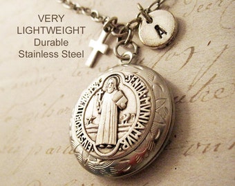 Saint Benedict Locket Necklace. Personalized Initial Jewelry. Religious Birthday Gift for Her. Women Catholic Gift St Benedict Medal Pendant