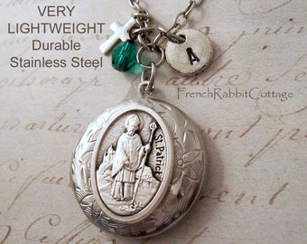 St Patrick Locket Necklace. Saint Patrick's Day Jewelry Gift. Catholic Religious Personalized Initial Birthstone for Her. Women. Green Bead